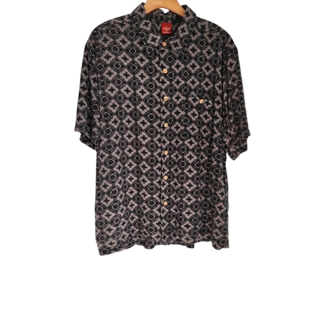Junction West Shirt Rayon Blue Short Sleeve Geometric‎ Pattern Button Up XL